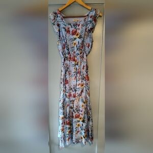 Le Raganne Floral Silk Maxi Dress | Ruffled Short Sleeve| Made In Italy | Small